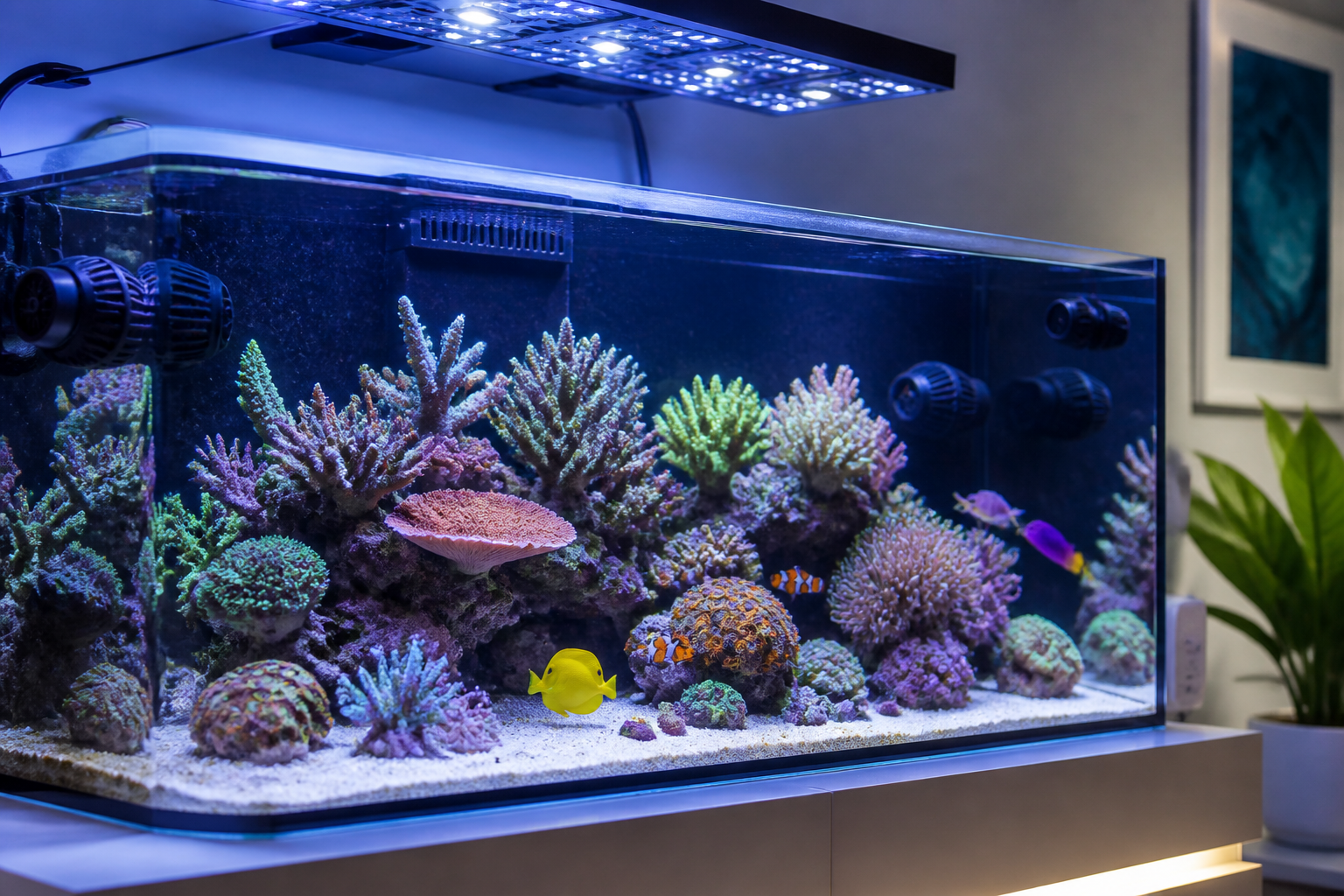 Reef tank com corais SPS e LPS coloridos e água cristalina após checklist de manutenção completo com apoio do ReefFlow