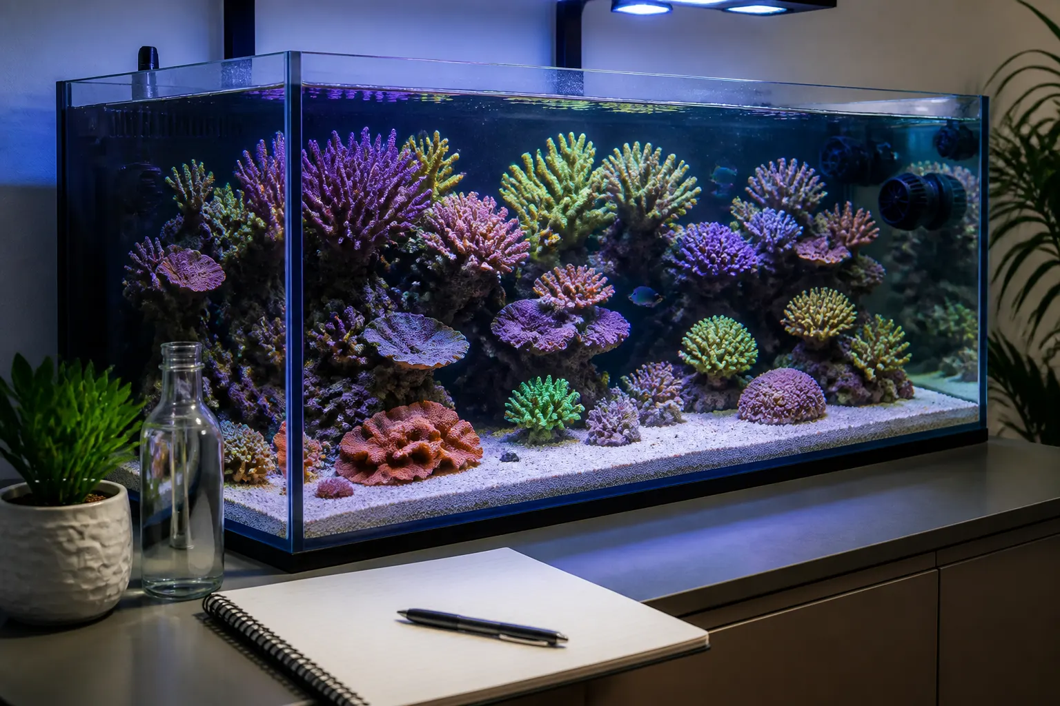Aquário marinho organizado com corais coloridos representando controle de custos e gestão do reef tank com apoio do ReefFlow