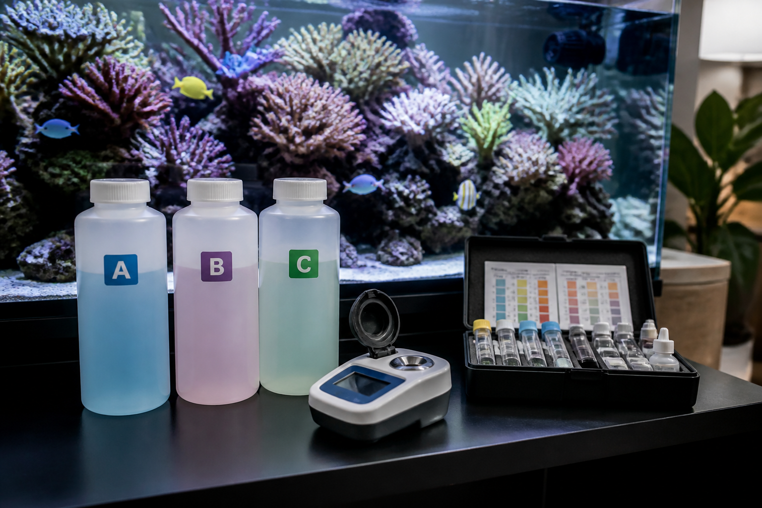 Soluções de dosagem Balling com kit de testes ao lado de um reef tank com corais SPS coloridos com apoio do ReefFlow