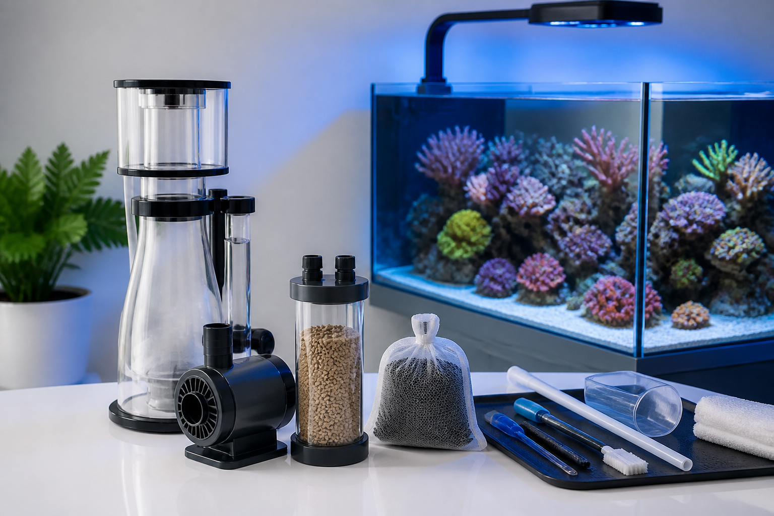 Equipamentos de aquário marinho organizados para manutenção e controle de trocas com apoio do ReefFlow