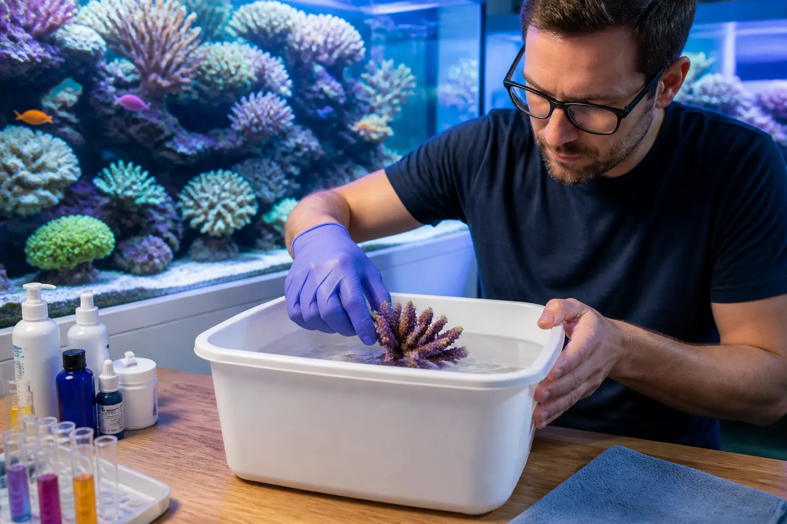 Aquarista realizando dip em coral novo em recipiente com solução anti-praga para eliminar pragas antes de introduzir no aquário marinho com apoio do ReefFlow