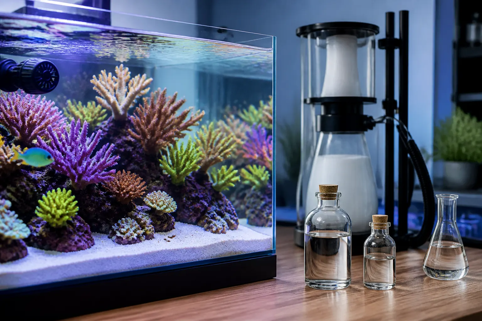 Aquário marinho reef tank com corais SPS e frascos de dosagem de carbono orgânico ao lado com apoio do ReefFlow