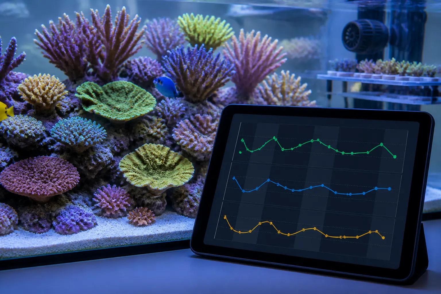 Gráfico de tendência de parâmetros de reef tank exibido em tablet ao lado de corais SPS coloridos em aquário marinho com apoio do ReefFlow