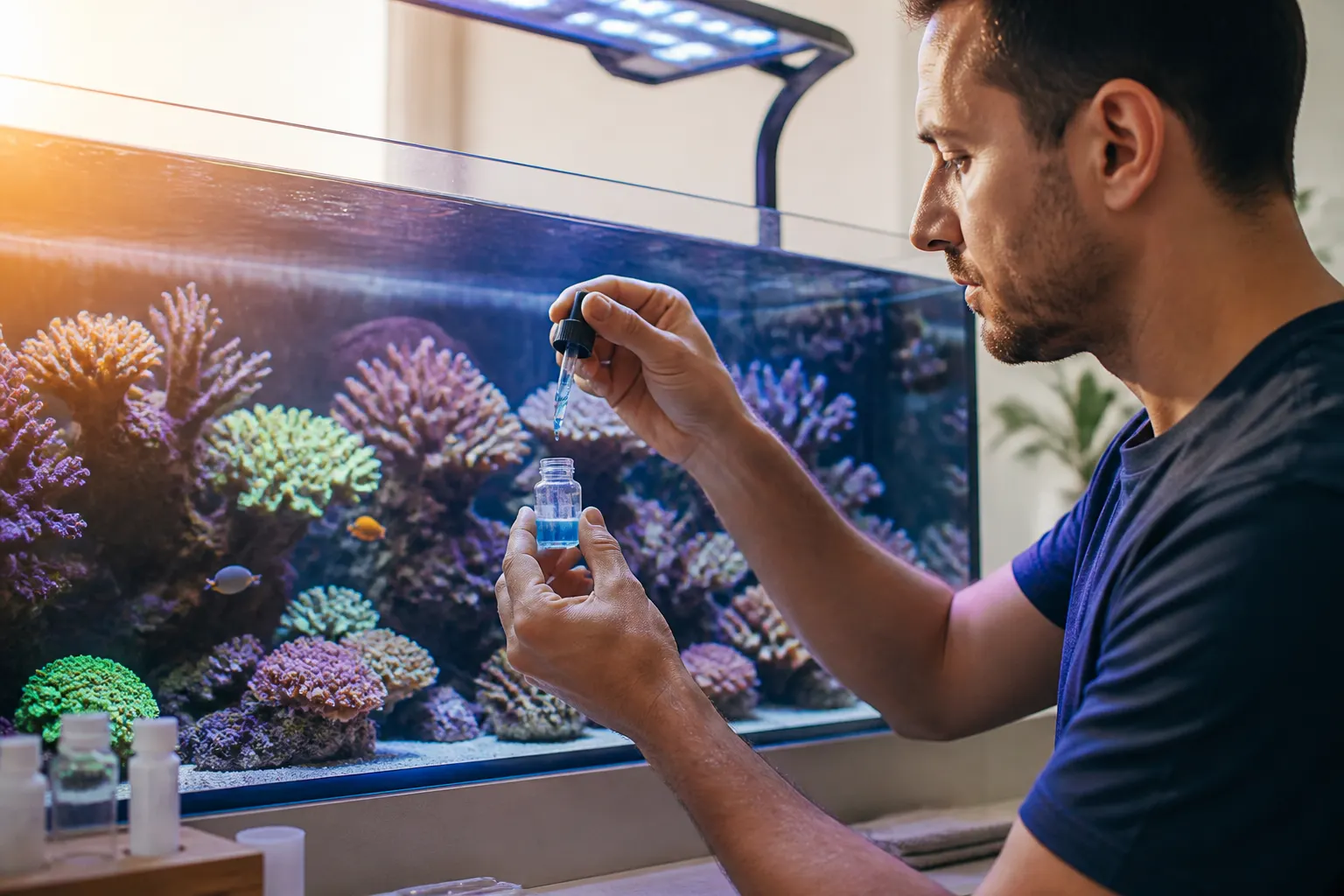 Aquarista testando alcalinidade KH do aquário marinho de manhã cedo com reef tank iluminado ao fundo com apoio do ReefFlow