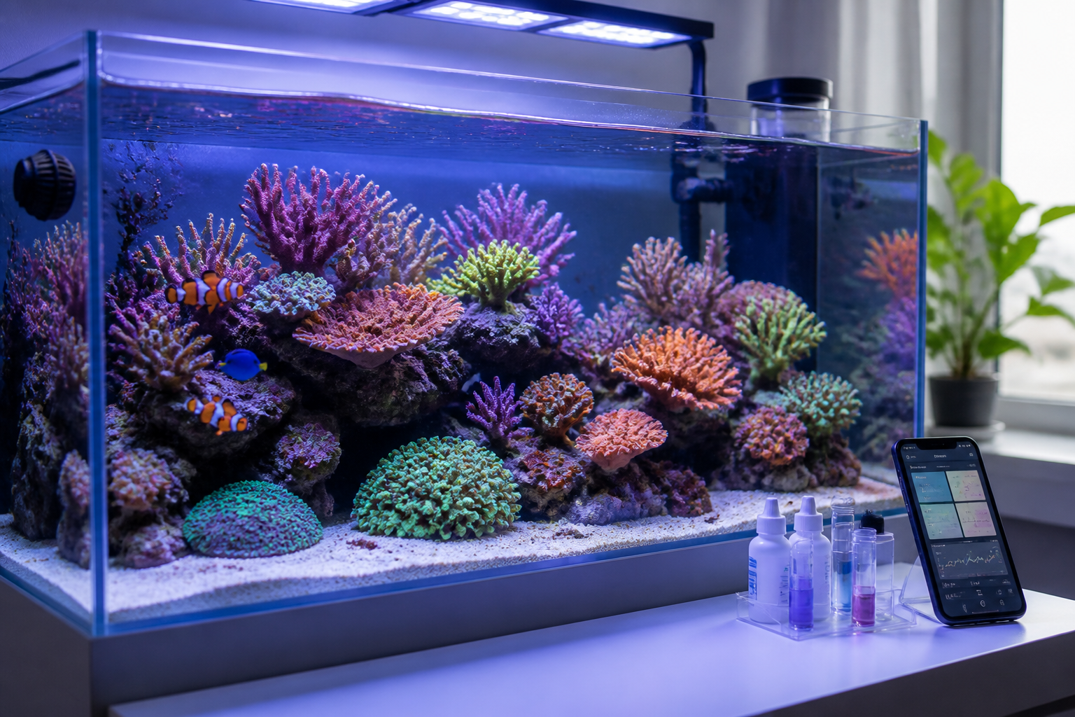 Reef tank saudável com corais SPS e LPS em água cristalina representando controle eficaz de nitrato alto com apoio do ReefFlow