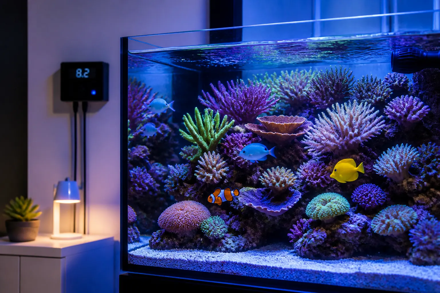 Aquário marinho com corais saudáveis sob iluminação LED azul e branca, com controlador de pH digital ao fundo marcando 8,2 com apoio do ReefFlow