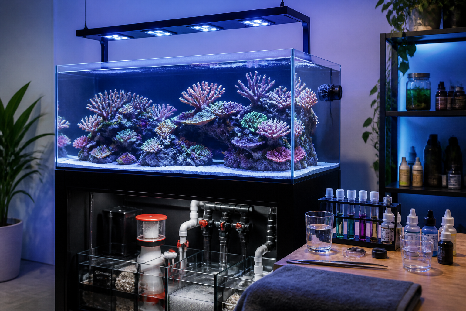 Planejamento de aquário marinho novo com equipamentos, rochas vivas e corais coloridos sob iluminação LED com apoio do ReefFlow