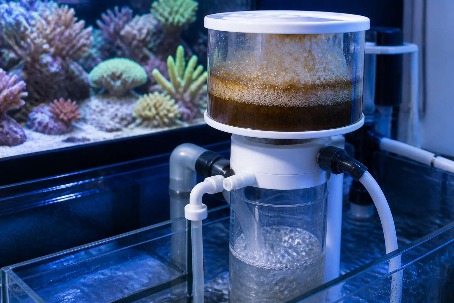 Skimmer proteico de aquário marinho com skimmate escuro no copo de coleta em sump iluminado com luz azul com apoio do ReefFlow
