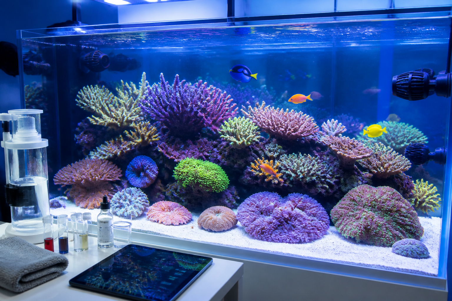 Aquário marinho de recife com corais coloridos e água cristalina, representando estabilidade de parâmetros como salinidade com apoio do ReefFlow