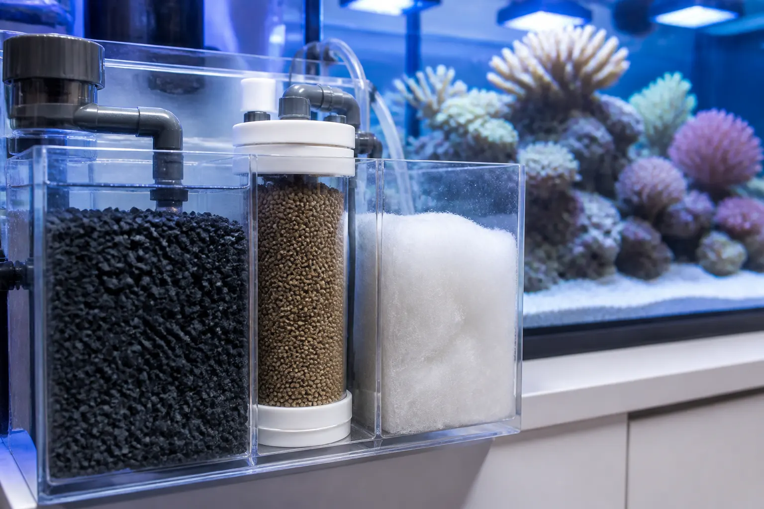 Mídias filtrantes para reef tank: carvão ativado, GFO e perlon em câmara de filtração com apoio do ReefFlow